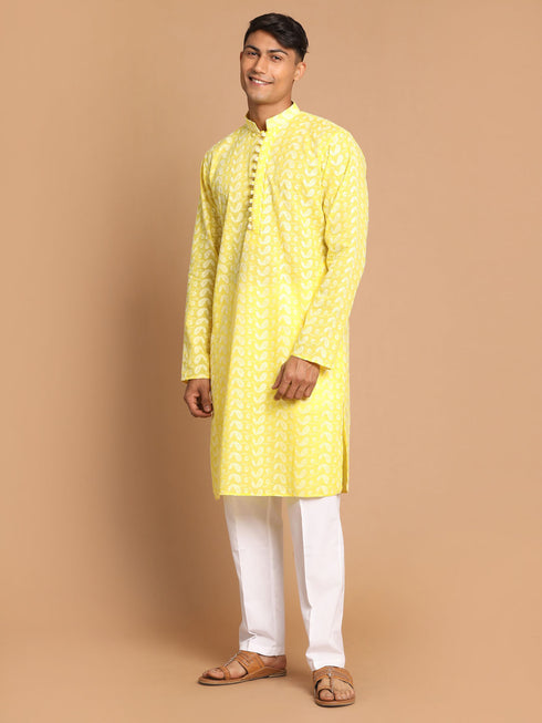 Men's Mustard Pure Cotton Chikankari Kurta With Pant Set