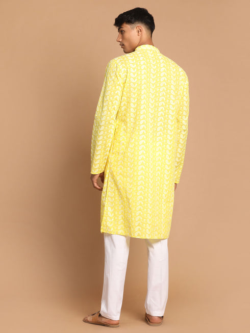 Men's Mustard Pure Cotton Chikankari Kurta With Pant Set