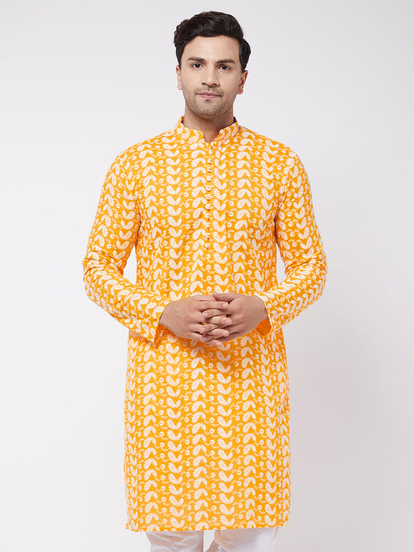 Men's Orange Pure Cotton Chikankari Kurta