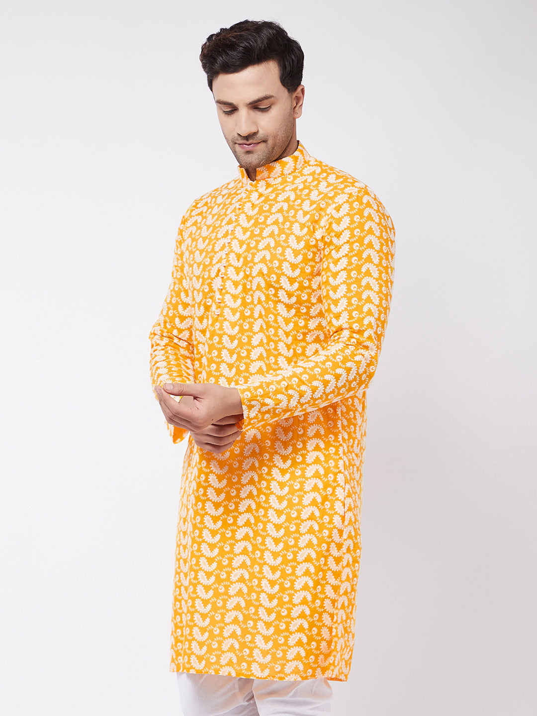 Men's Orange Pure Cotton Chikankari Kurta