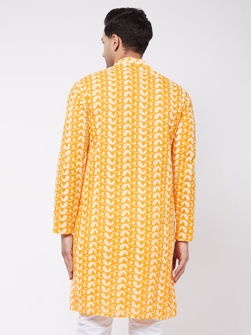 Men's Orange Pure Cotton Chikankari Kurta