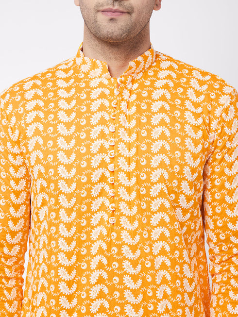 Men's Orange Pure Cotton Chikankari Kurta