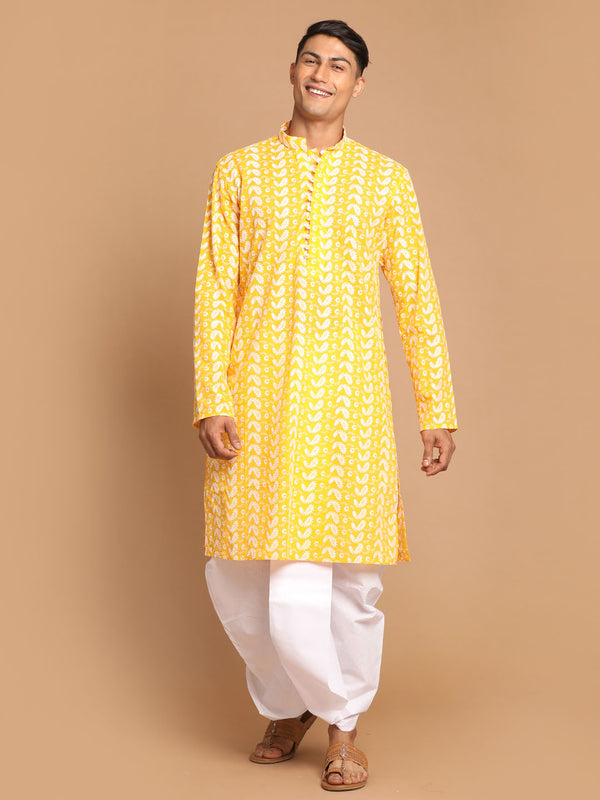 Men's Orange Pure Cotton Chikankari Kurta With Dhoti Set