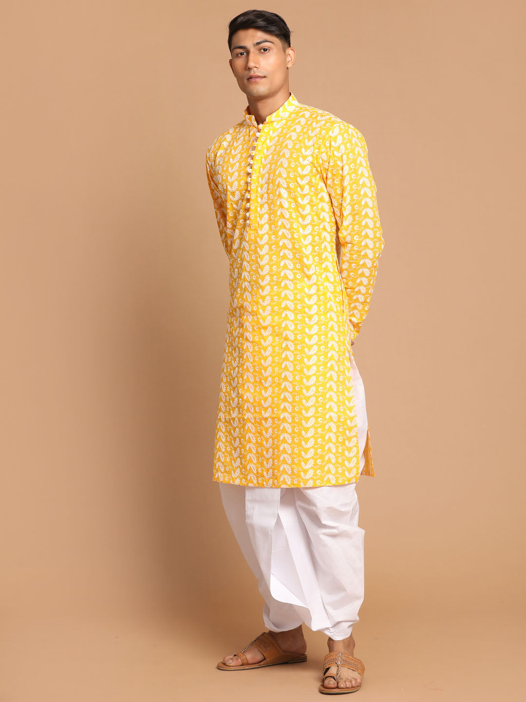 Men's Orange Pure Cotton Chikankari Kurta With Dhoti Set
