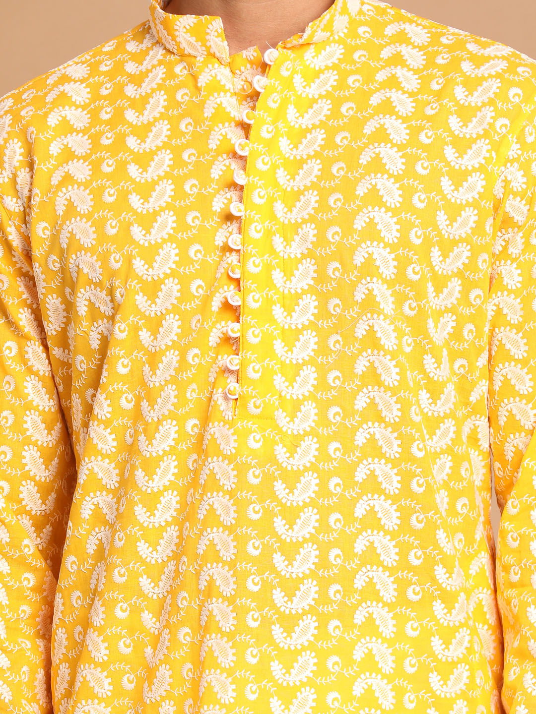 Men's Orange Pure Cotton Chikankari Kurta With Dhoti Set