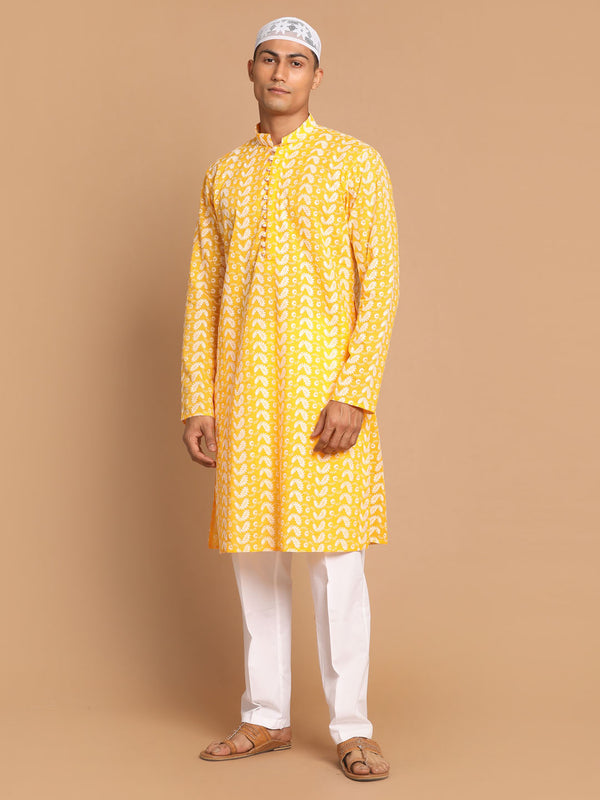 Men's Orange Pure Cotton Chikankari Kurta Pant With Prayer Cap