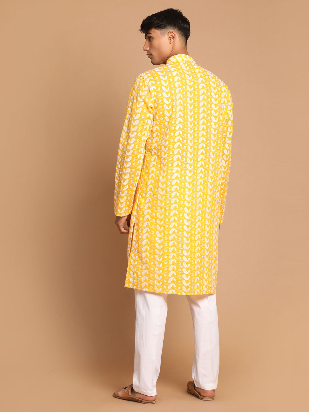 Men's Orange Pure Cotton Chikankari Kurta Pant With Prayer Cap