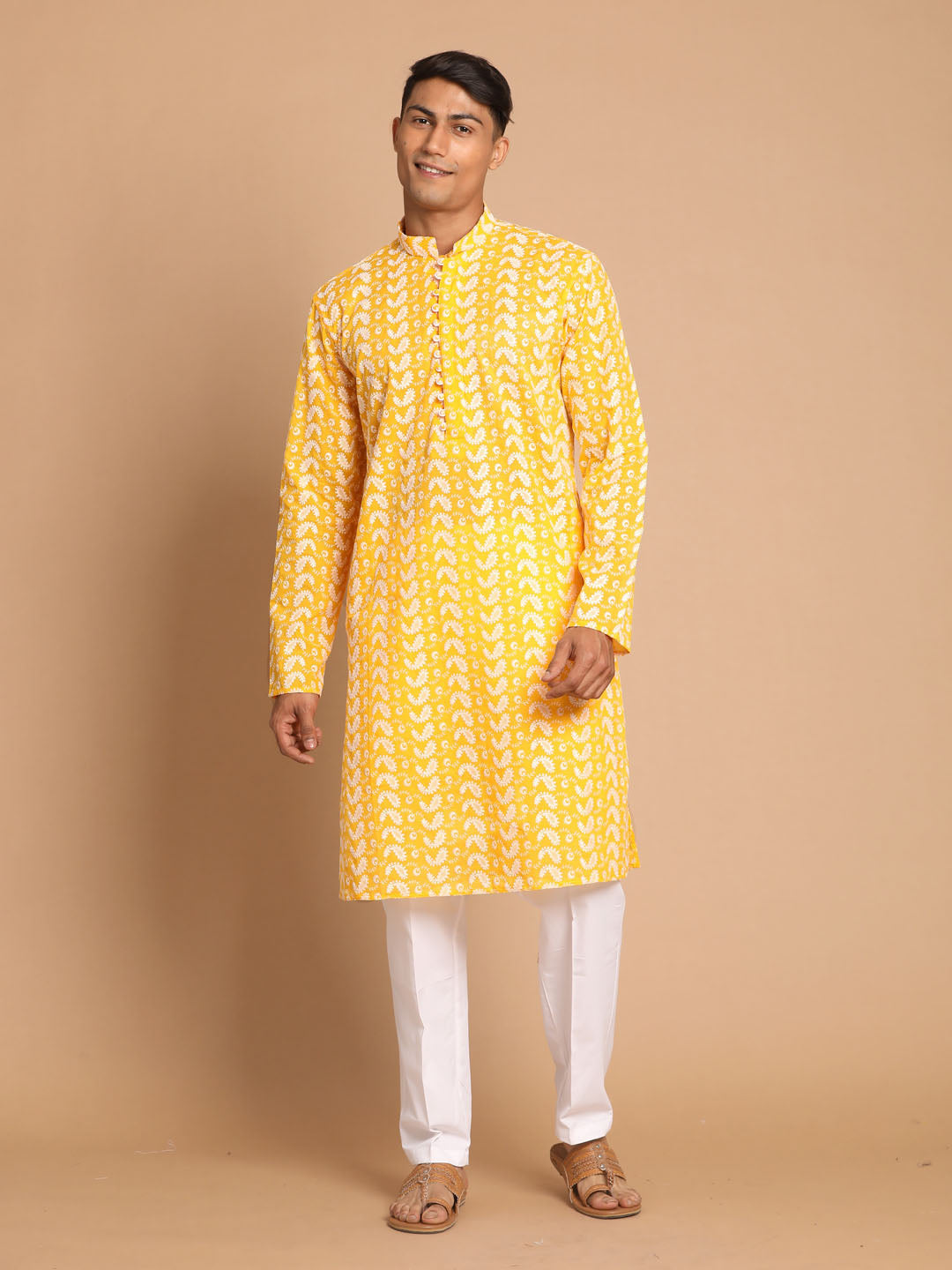 Men's Orange Pure Cotton Chikankari Kurta With Pant Set