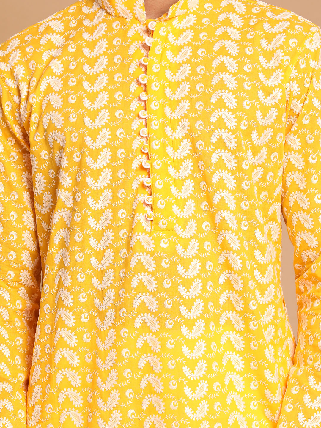 Men's Orange Pure Cotton Chikankari Kurta With Pant Set