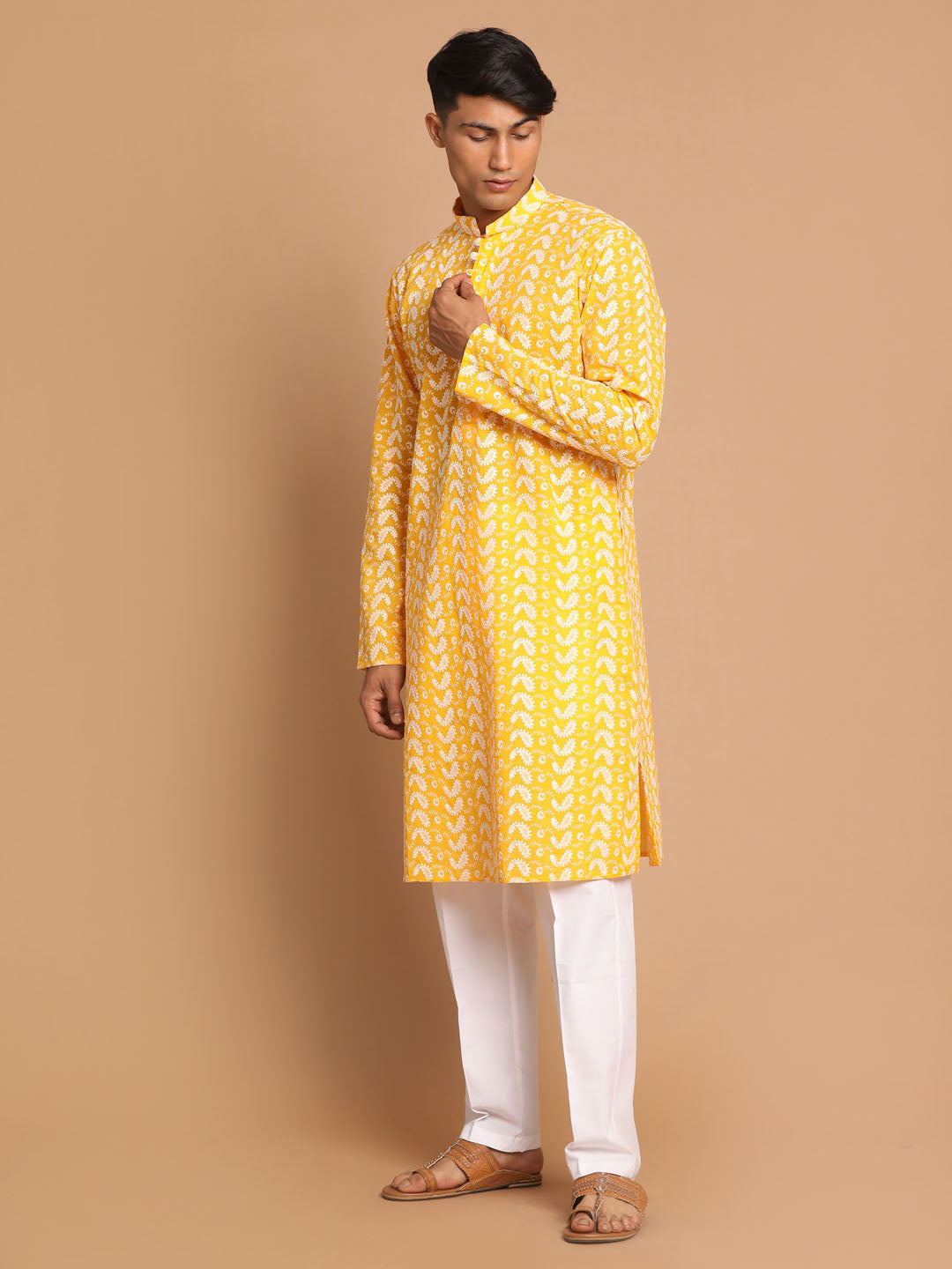 Men's Orange Pure Cotton Chikankari Kurta Pant With Prayer Cap