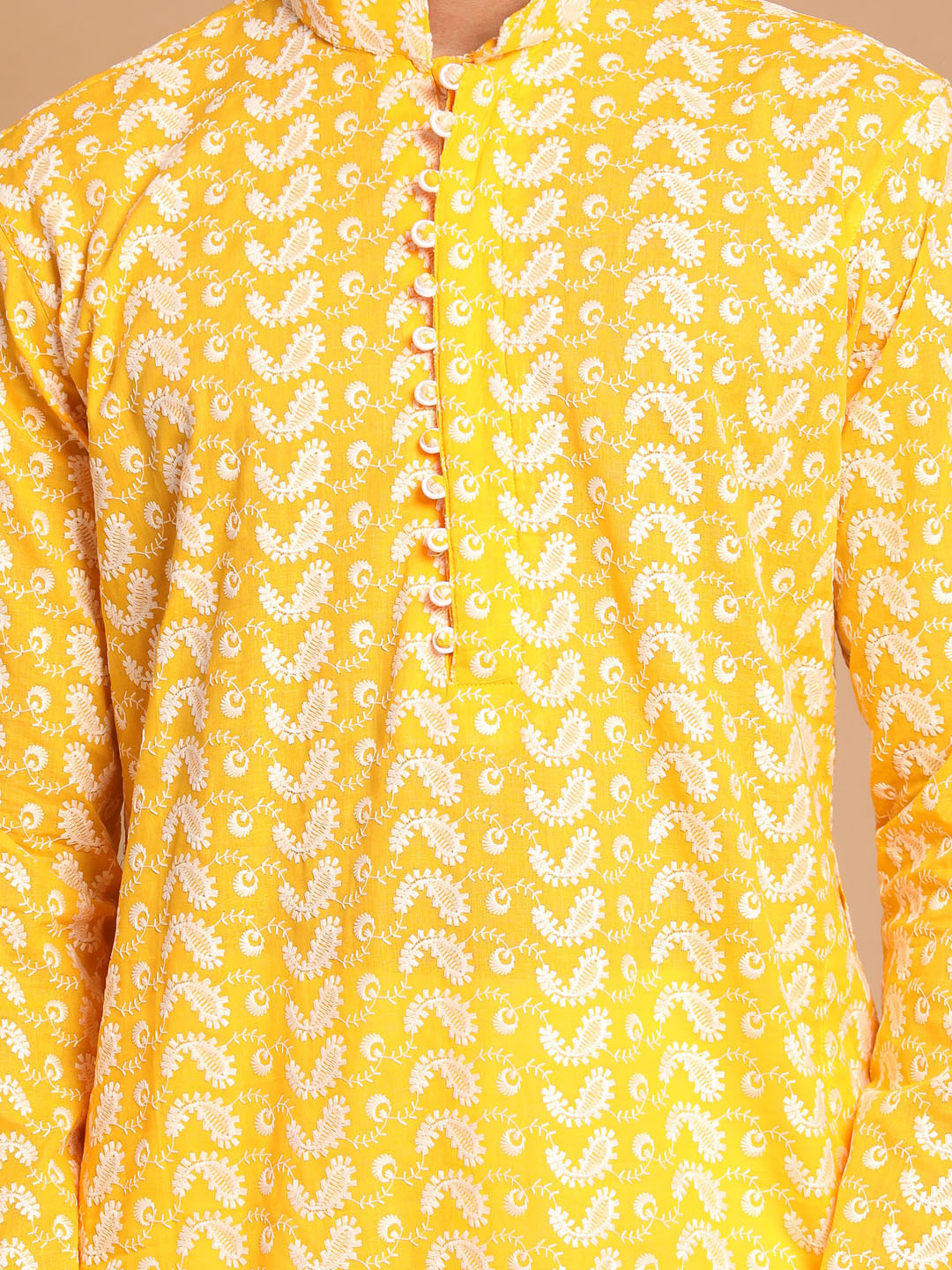 Men's Orange Pure Cotton Chikankari Kurta Pant With Prayer Cap