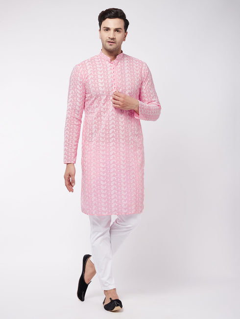 Men's Pink Pure Cotton Chikankari Kurta With Pant Set