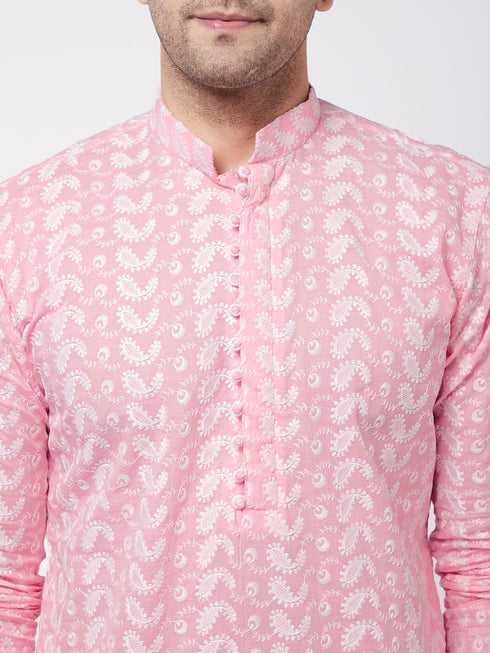 Men's Pink Pure Cotton Chikankari Kurta With Pant Set