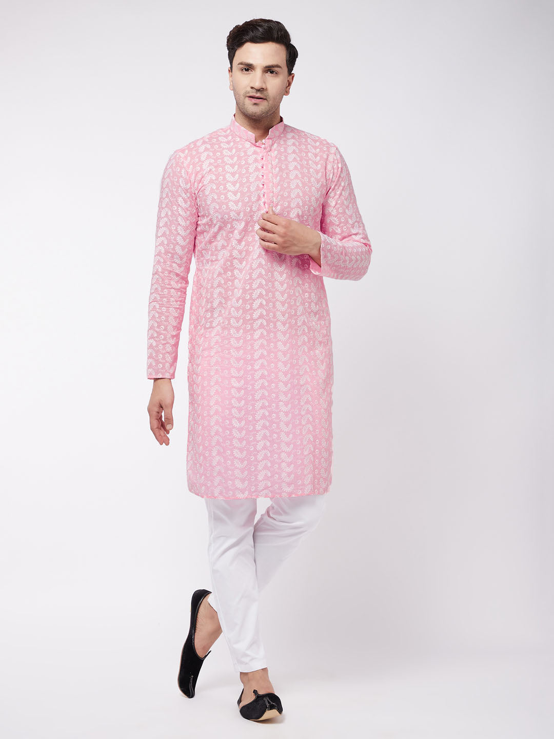 Men's Pink Pure Cotton Chikankari Kurta With Pant Set