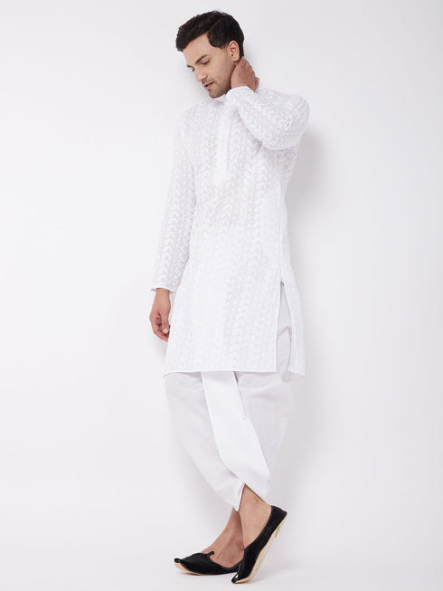 Men's White Pure Cotton Chikankari Kurta With Dhoti Set