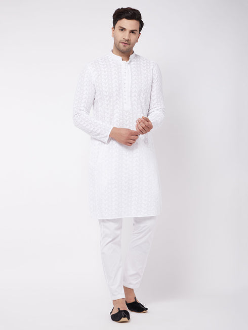 Men's White Pure Cotton Chikankari Kurta With Pant Set