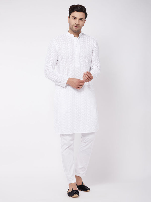 Men's White Pure Cotton Chikankari Kurta With Pant Set