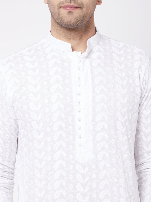 Men's White Pure Cotton Chikankari Kurta With Pant Set