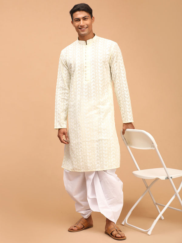 Men's Yellow Pure Cotton Chikankari Kurta With Dhoti Set