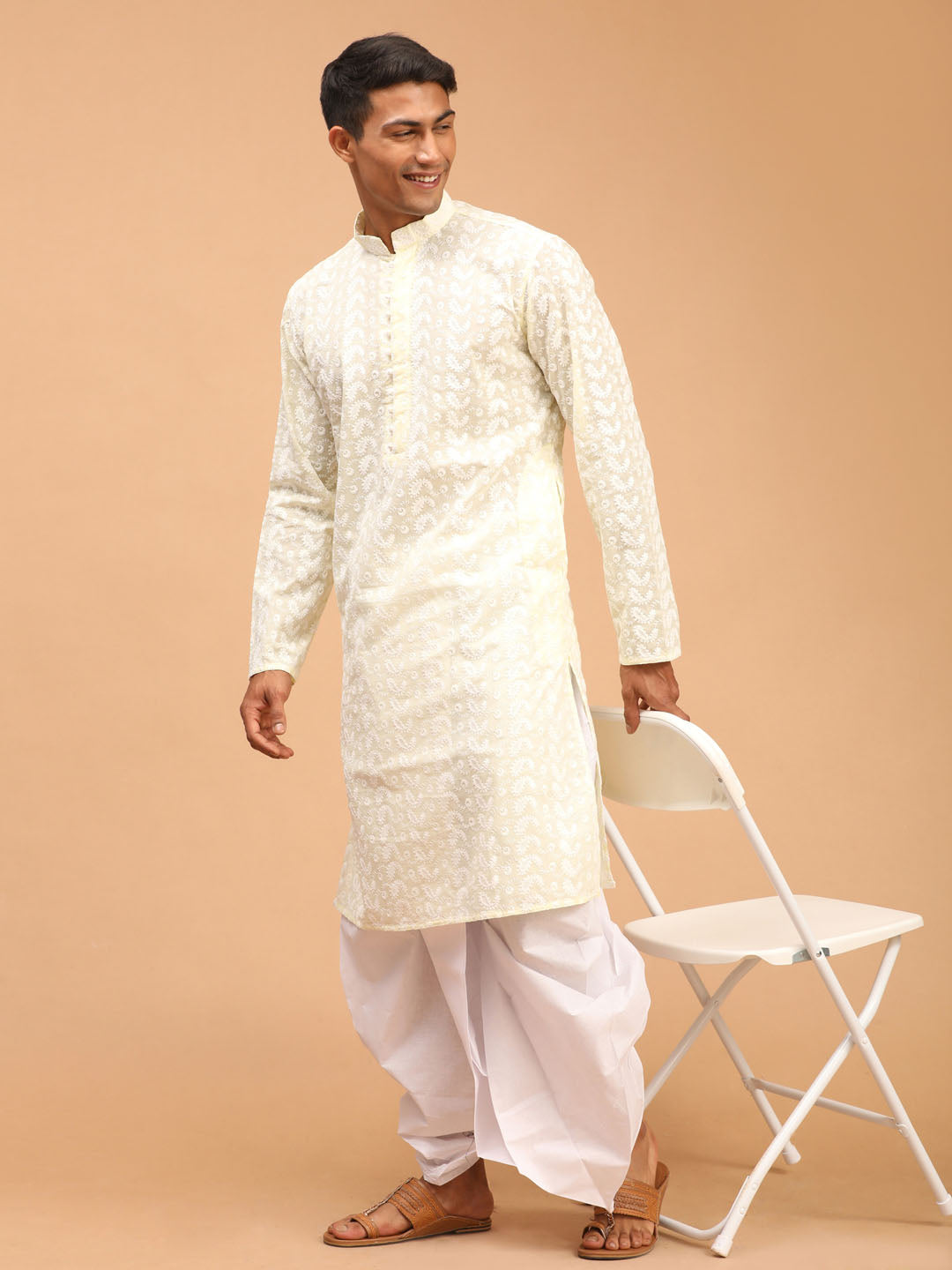 Men's Yellow Pure Cotton Chikankari Kurta With Dhoti Set
