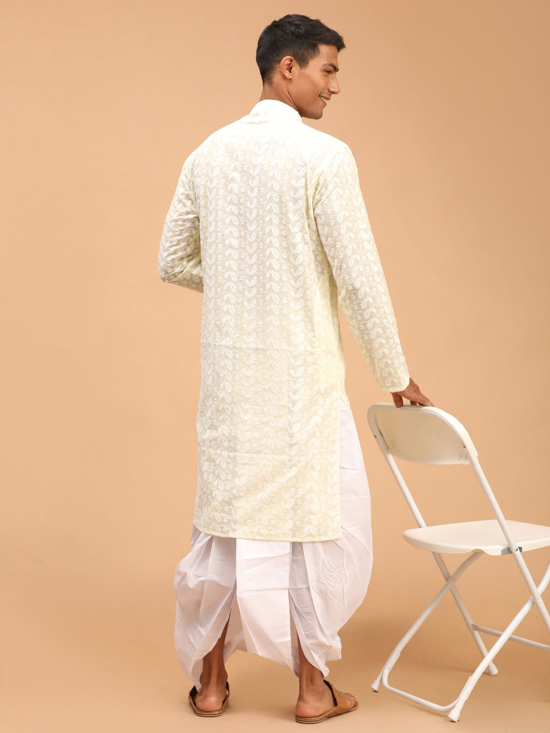 Men's Yellow Pure Cotton Chikankari Kurta With Dhoti Set