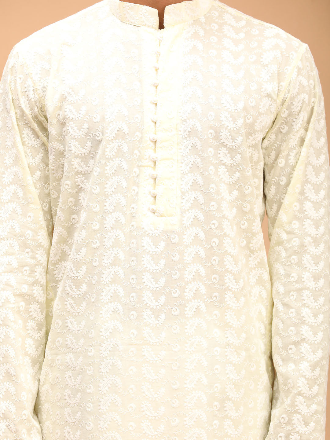 Men's Yellow Pure Cotton Chikankari Kurta With Dhoti Set