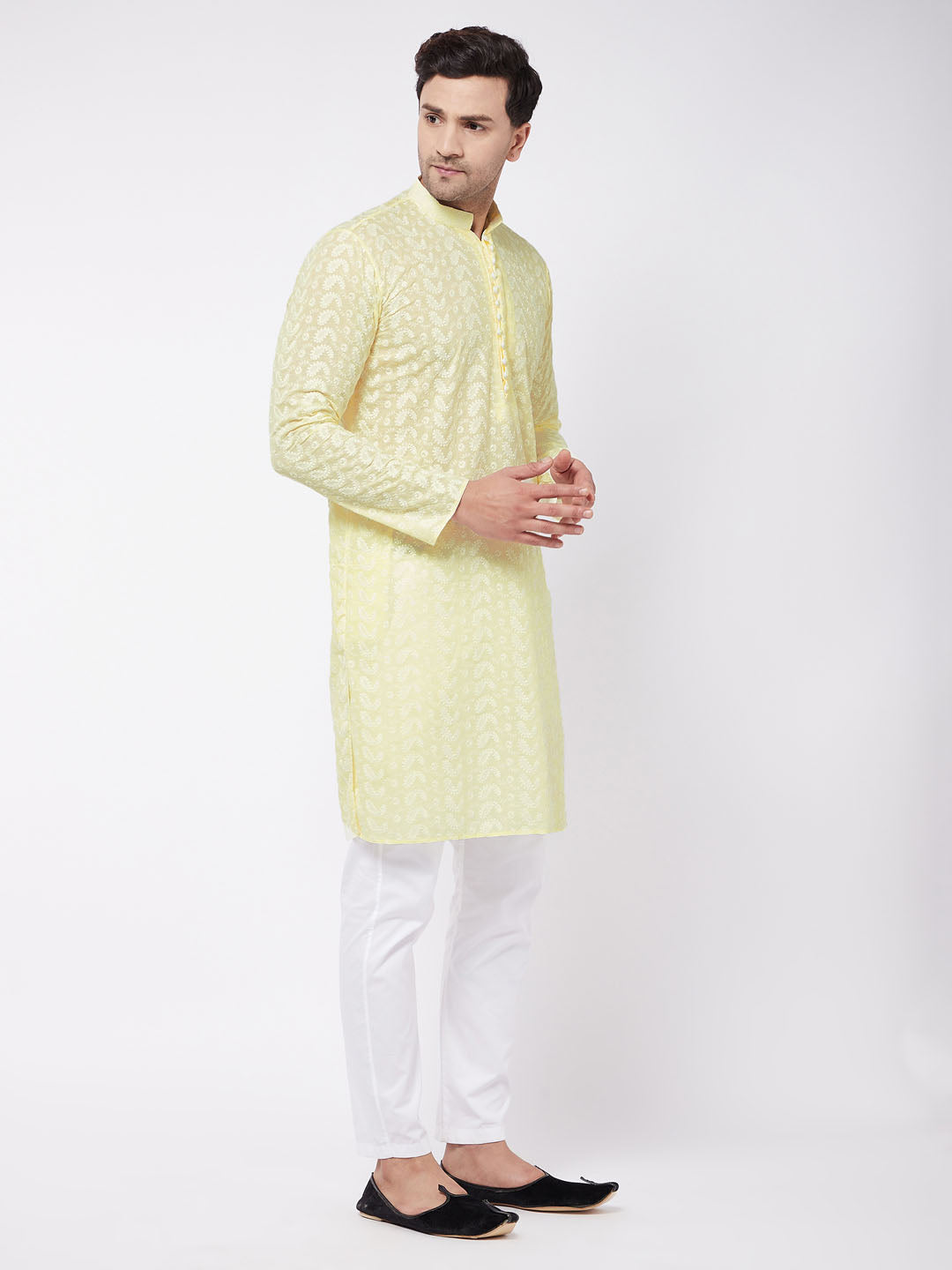 Men's Yellow Pure Cotton Chikankari Kurta With Pant Set