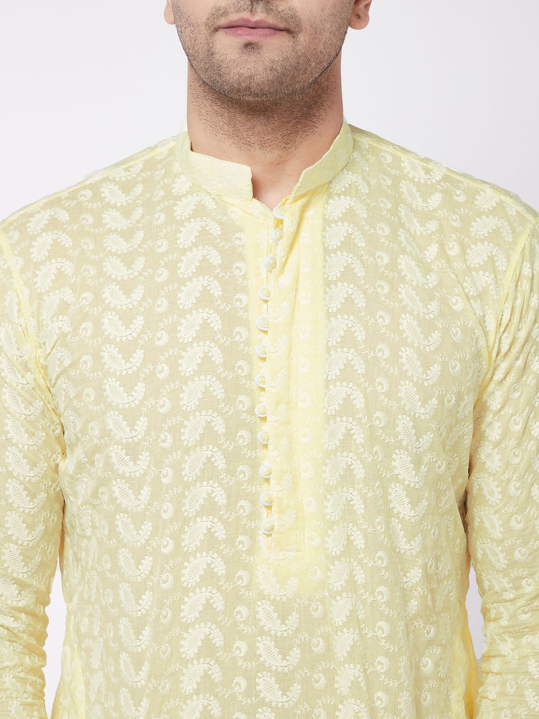 Men's Yellow Pure Cotton Chikankari Kurta With Pant Set