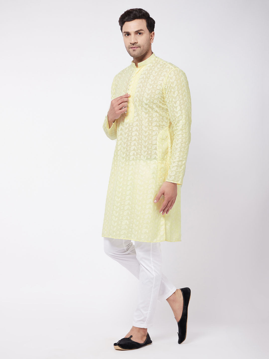 Men's Yellow Pure Cotton Chikankari Kurta With Pant Set