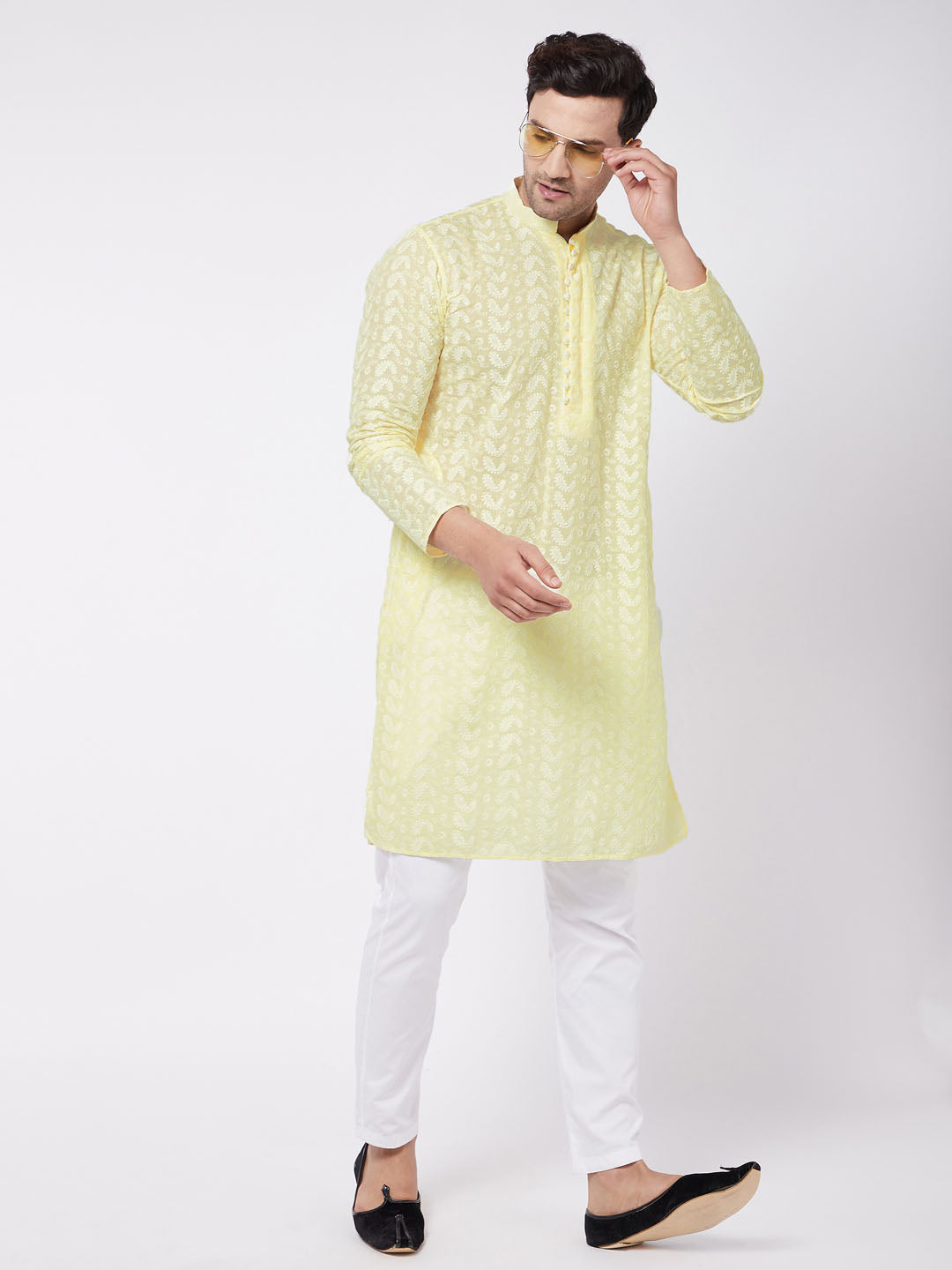 Men's Yellow Pure Cotton Chikankari Kurta With Pant Set