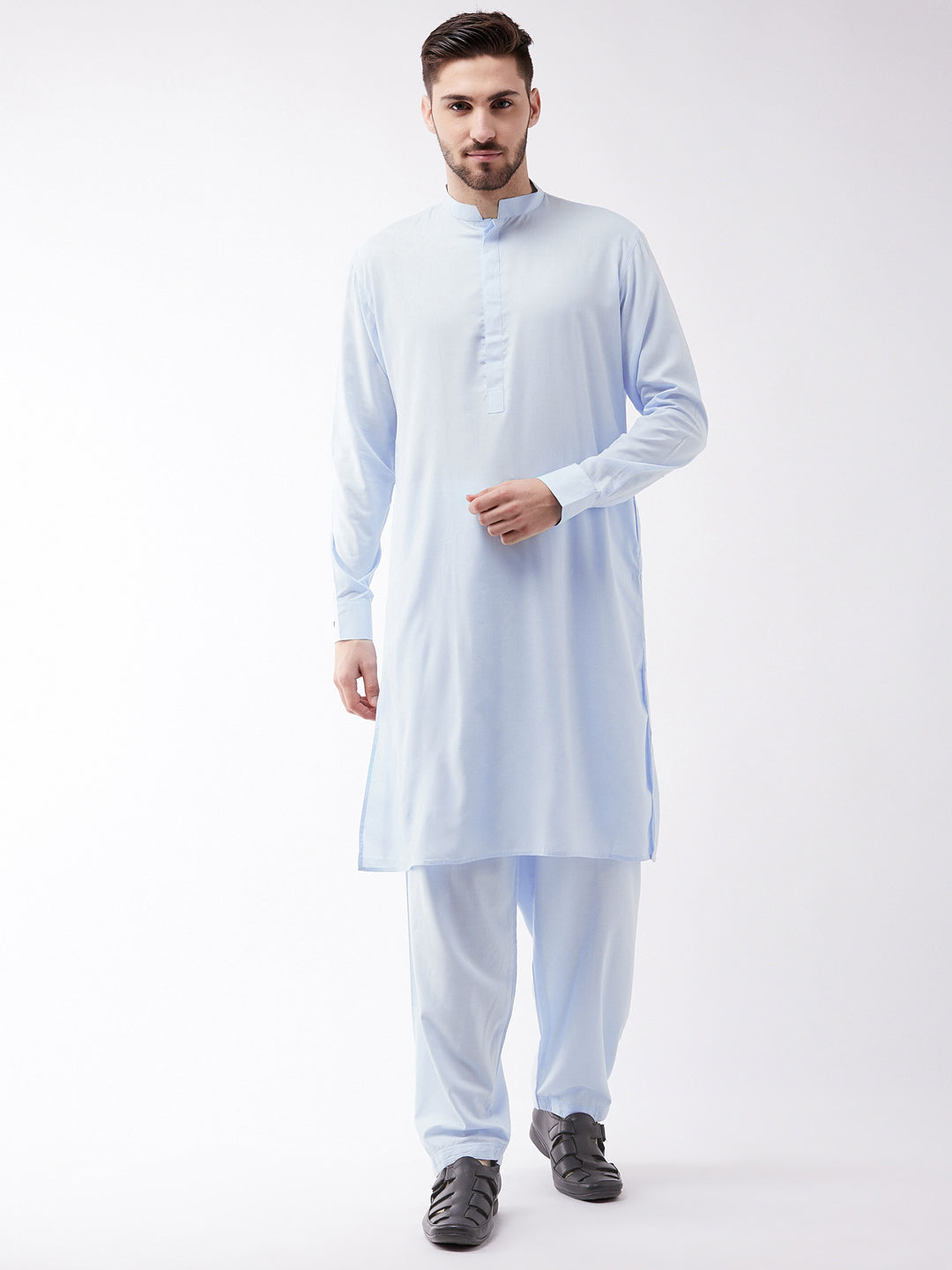 Men's Blue Cotton Blend Kurta and Pyjama Set