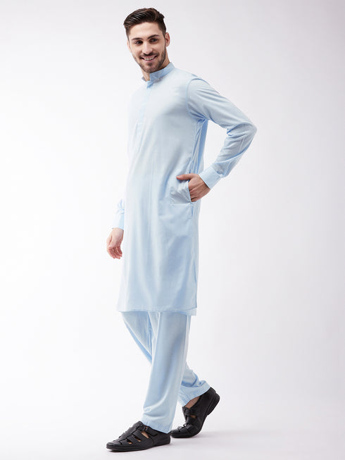 Men's Blue Cotton Blend Kurta and Pyjama Set
