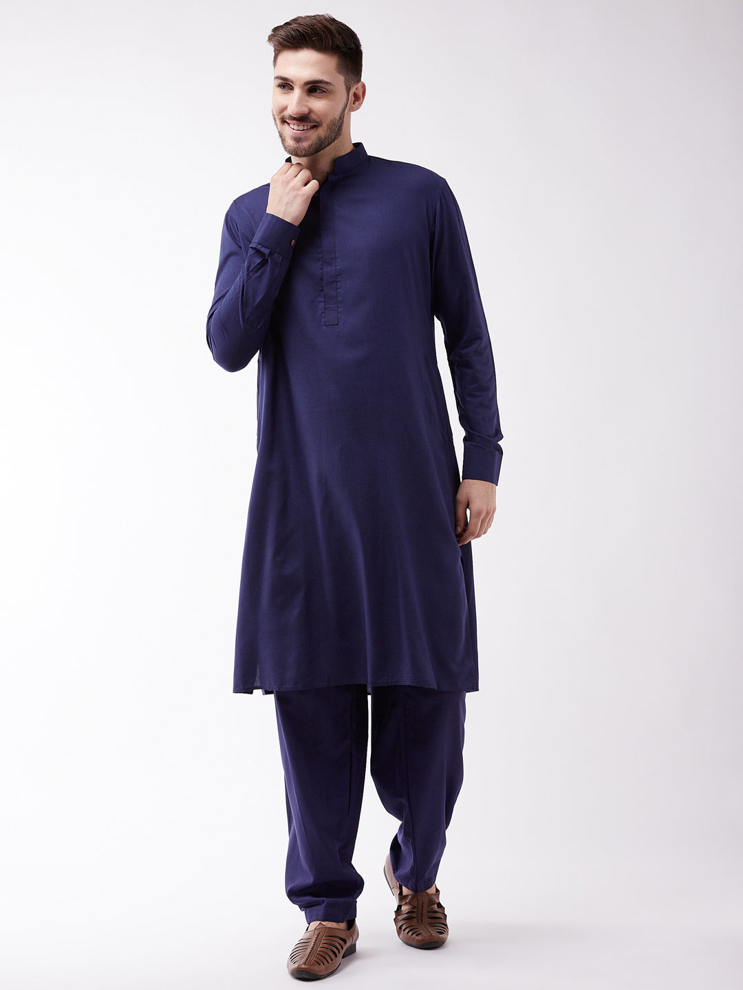 Men's Blue Cotton Blend Kurta and Pyjama Set
