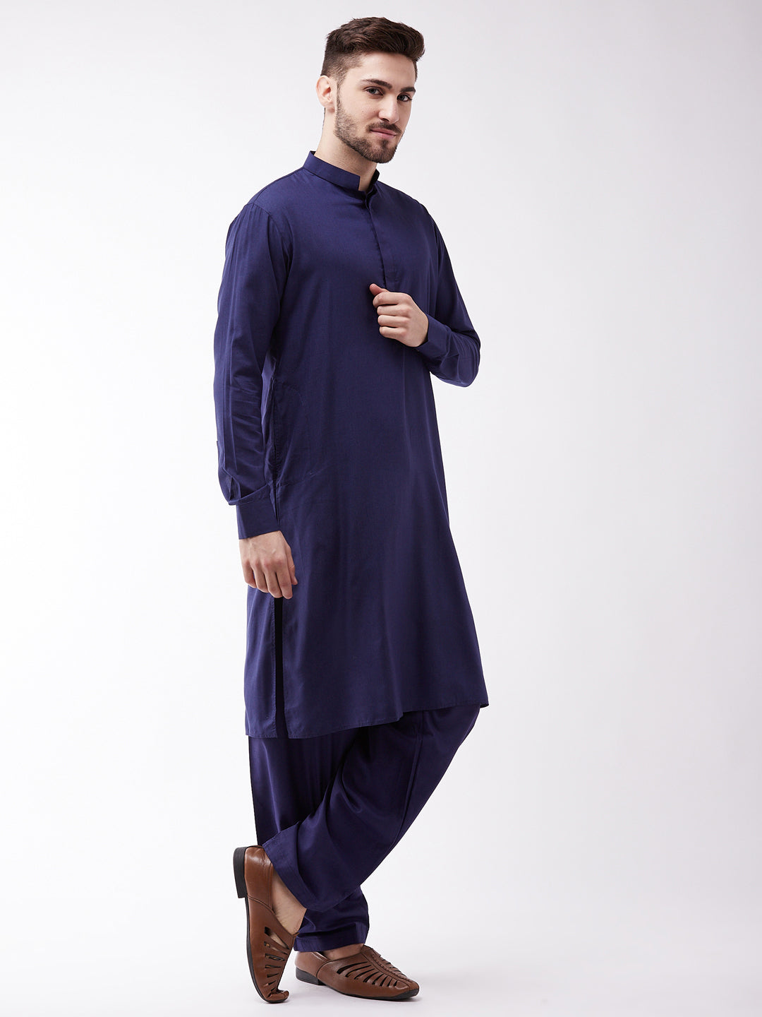 Men's Blue Cotton Blend Kurta and Pyjama Set