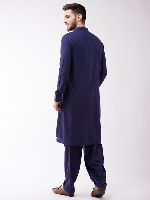 Men's Blue Cotton Blend Kurta and Pyjama Set