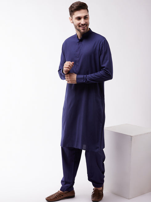 Men's Blue Cotton Blend Kurta and Pyjama Set