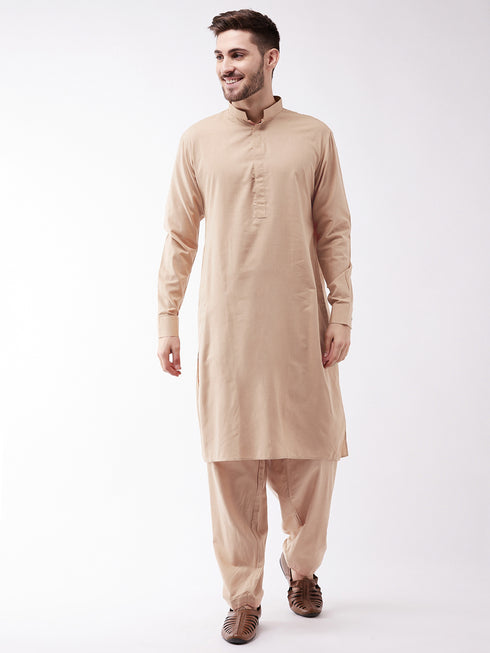 VASTRAMAY Men's Chiku Cotton Blend Kurta and Pyjama Set