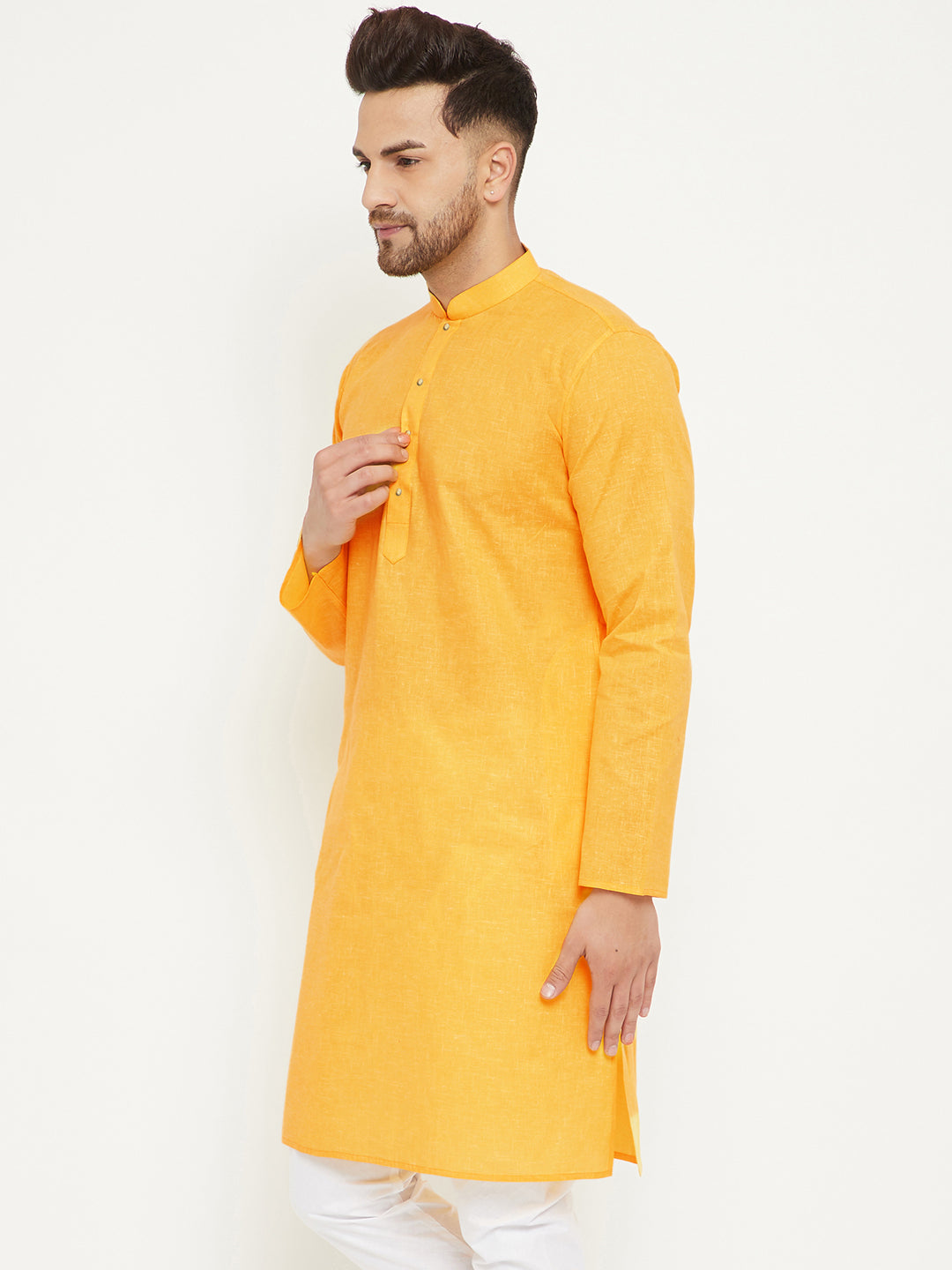 Men's Yellow Cotton Blend Kurta