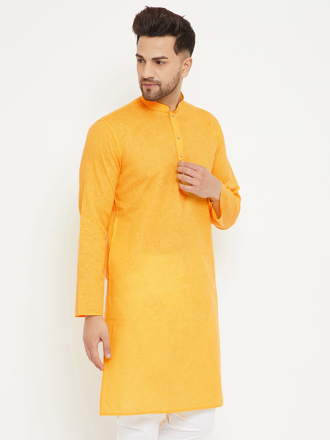 Men's Yellow Cotton Blend Kurta