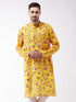 Men's Floral Printed Multicolor-Base-Yellow Muslin Blend Kurta