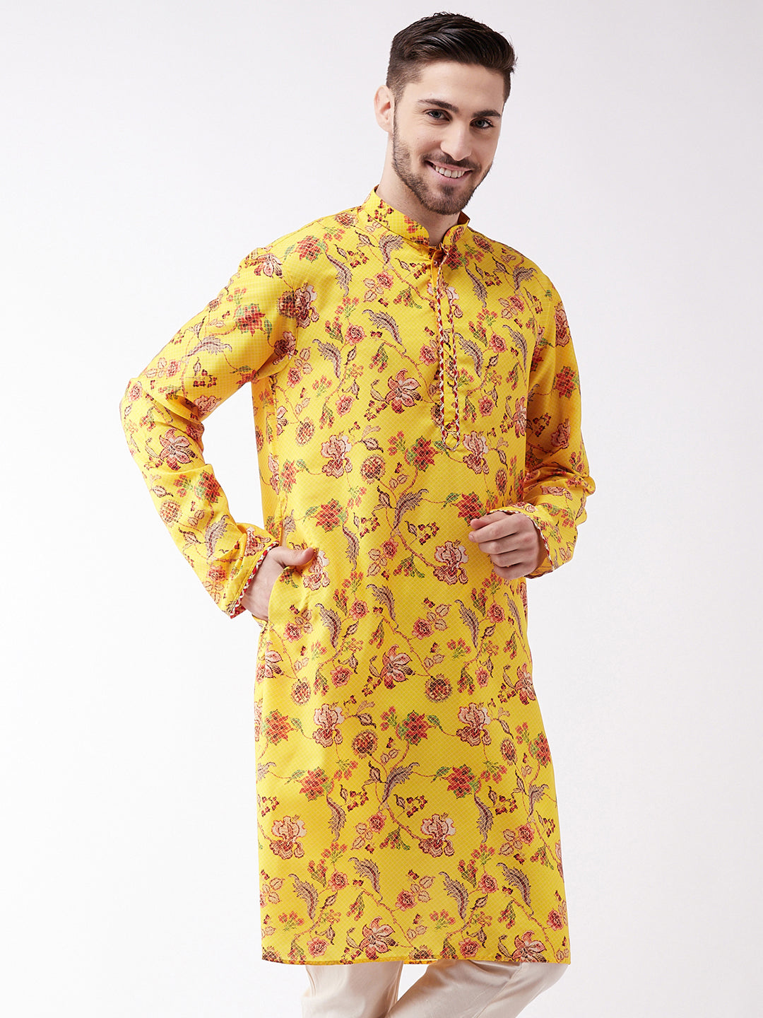Men's Floral Printed Multicolor-Base-Yellow Muslin Blend Kurta