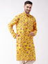 Men's Floral Printed Multicolor-Base-Yellow Muslin Blend Kurta