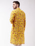 Men's Floral Printed Multicolor-Base-Yellow Muslin Blend Kurta