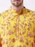 Men's Floral Printed Multicolor-Base-Yellow Muslin Blend Kurta