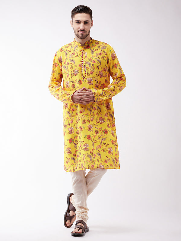 Men's Floral Printed Multicolor-Base-Yellow Muslin Blend Kurta And Pyjama Set