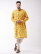 Men's Floral Printed Multicolor-Base-Yellow Muslin Blend Kurta And Pyjama Set