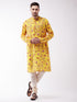 Men's Floral Printed Multicolor-Base-Yellow Muslin Blend Kurta And Pyjama Set