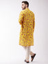 Men's Floral Printed Multicolor-Base-Yellow Muslin Blend Kurta And Pyjama Set