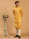 Men's Floral Printed Multicolor-Base-Yellow Muslin Blend Kurta With Cream Viscose Pant Set