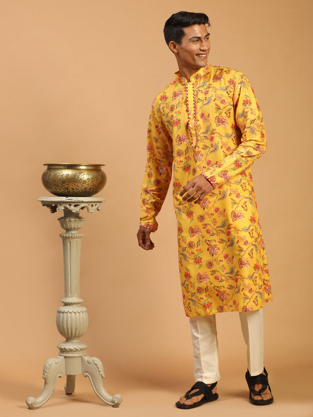 Men's Floral Printed Multicolor-Base-Yellow Muslin Blend Kurta With Cream Viscose Pant Set